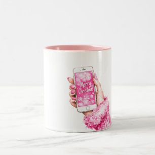 Prettig kerstfeest meisjesachtige glamour roze nag tweekleurige koffiemok