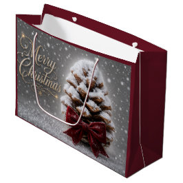 Prettig kerstfeest met besneeuwde dennenappel groot cadeauzakje