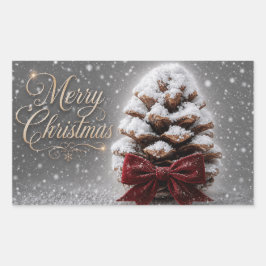 Prettig kerstfeest met besneeuwde dennenappel rechthoekige sticker