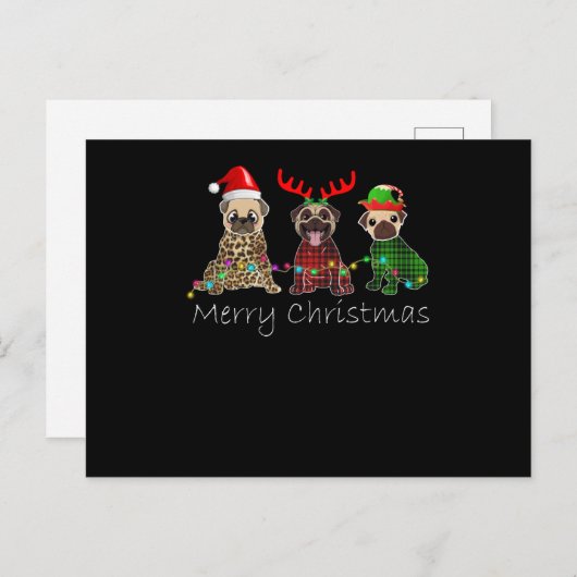 Prettig kerstfeest met drie puggonden feestdagenkaart (Voorkant / Achterkant)