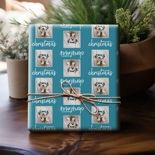 Prettig kerstfeest met één vierkante foto - blauw cadeaupapier