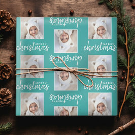 Prettig kerstfeest met één vierkante foto - blauw cadeaupapier