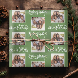 Prettig kerstfeest met één vierkante foto - groen cadeaupapier