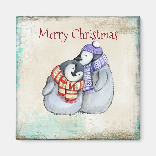 Prettig kerstfeest met knuffelende pinguïns magneet (Voorkant)