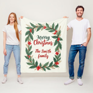 Prettig kerstfeest met krans en naam fleece deken