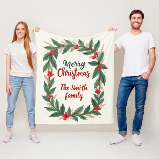 Prettig kerstfeest met krans en naam fleece deken (In situ)
