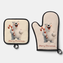 Prettig kerstfeest met leuk ontwerp van ijsbeer ovenwant & pannenlap set