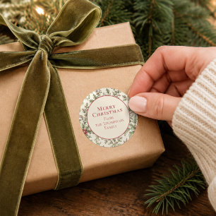 Prettig kerstfeest met rode en groene bladeren ronde sticker
