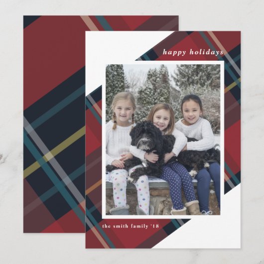 Prettig kerstfeest met rood en blauw geruit kerstf feestdagenkaart (Voorkant / Achterkant)