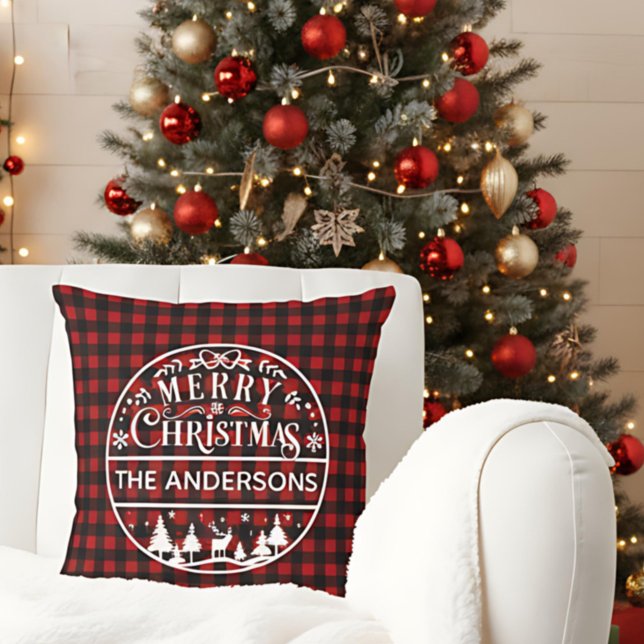 Prettig kerstfeest met rood en zwart geruit eigen  kussen (Creator heeft geüpload)