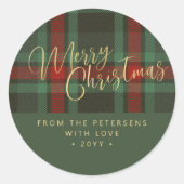 Prettig kerstfeest met rustieke ruit rood groen go ronde sticker (Voorkant)