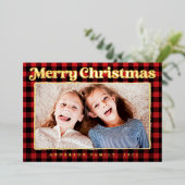 Prettig kerstfeest modern geruit patroon familie f folie feestdagenkaart (Staand Voorkant)