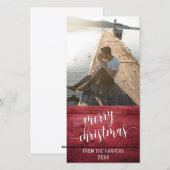 Prettig kerstfeest modern script rood rustiek hout feestdagenkaart (Voorkant / Achterkant)