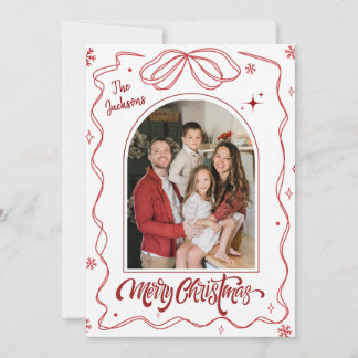 Prettig kerstfeest moderne 1 familieboog foto rood feestdagenkaart
