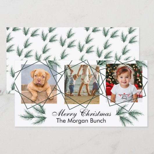Prettig kerstfeest Moderne dennennaald 3 fotocolla Feestdagenkaart (Voorkant / Achterkant)