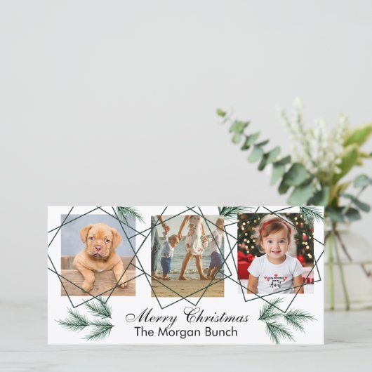 Prettig kerstfeest Moderne dennennaald 3 fotocolla Feestdagenkaart (Staand voorkant)