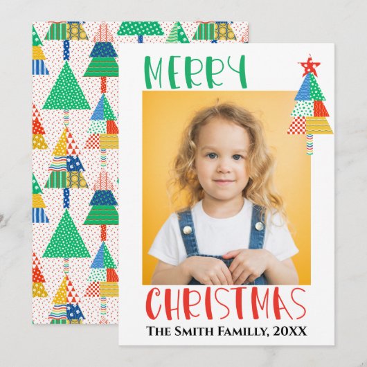 Prettig kerstfeest Moderne patchwork kerstbomen Kaart (Voorkant / Achterkant)