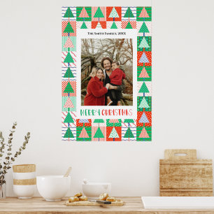 Prettig kerstfeest Moderne patchwork kerstbomen Poster