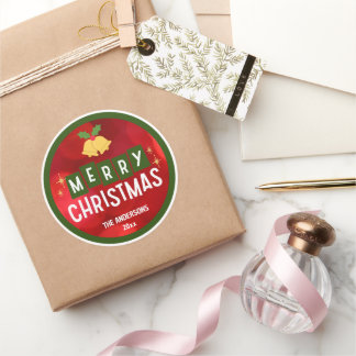 Prettig kerstfeest moderne retro rode groene kleur ronde sticker