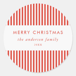 Prettig kerstfeest moderne rode en witte strepen ronde sticker