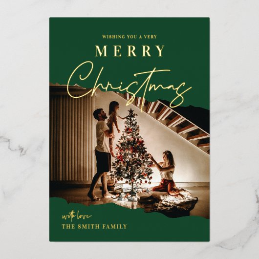 Prettig kerstfeest moderne script één foto folie k folie feestdagenkaart (Voorkant)