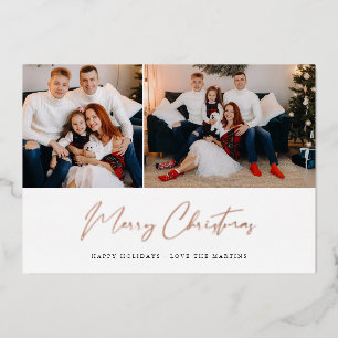 Prettig kerstfeest moderne script twee fotokaart folie uitnodiging