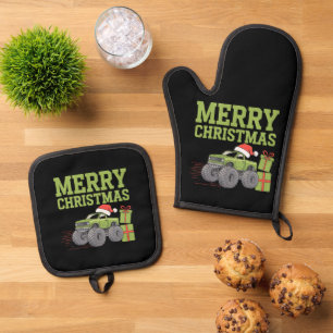 Prettig kerstfeest monstertruck peuter jongens Ker Ovenwant & Pannenlap Set