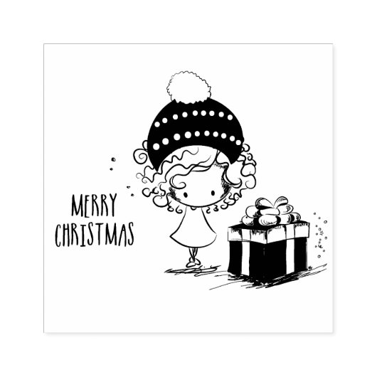 Prettig Kerstfeest Mooie Meisje met Cadeau  Rubberstempel (Afrduk)