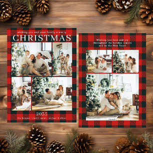 Prettig kerstfeest multi foto rood buffelplaid feestdagenkaart
