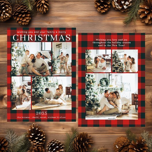 Prettig kerstfeest multi foto rood buffelplaid feestdagenkaart