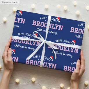 Prettig kerstfeest Naam Kerstman Hoed Roze Marine Cadeaupapier