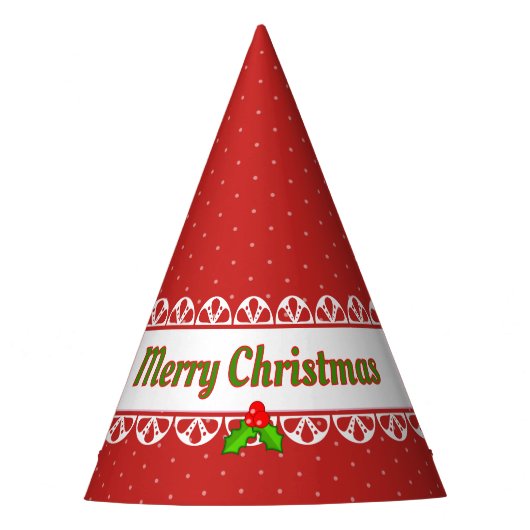 Prettig kerstfeest, Neppe witte kant, Rode stippen Feesthoedjes (Voorkant)