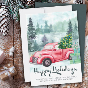 Prettig kerstfeest, nevelig bos en vintage rode vr