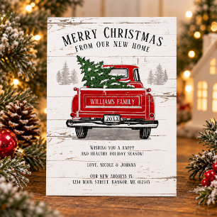 Prettig kerstfeest Nieuwe woning Vintage rode vrac Aankondigingskaart