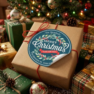 Prettig kerstfeest nieuwjaar bloemrijk rode bes ad ronde sticker