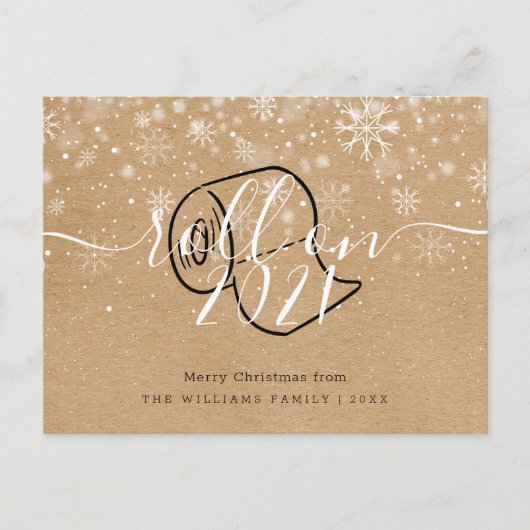 Prettig kerstfeest nieuwjaar Rustieke rol op plezi Uitnodiging Briefkaart (Voorkant)