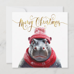 Prettig kerstfeest nijlpaard kerstmuts en sjaal feestdagenkaart