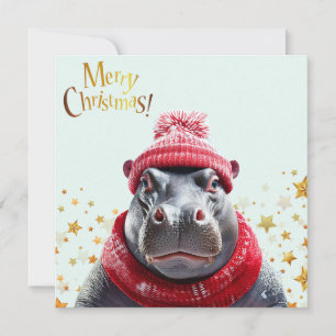 Prettig kerstfeest nijlpaard kerstmuts en sjaal feestdagenkaart
