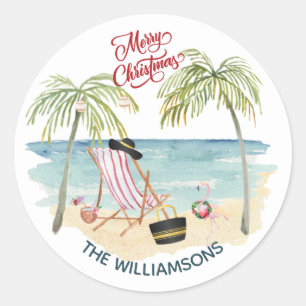 Prettig Kerstfeest op het strand Familienaam Ronde Sticker