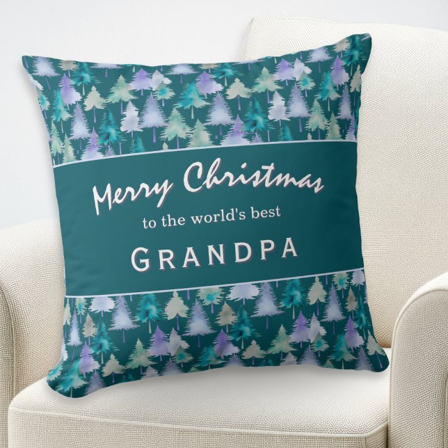 Prettig kerstfeest Opa Aquarel Bomen Op Maat Kussen (A stylish pillow for the 'World's Best Grandpa', with jade and lilac Christmas trees pattern)