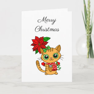 Prettig kerstfeest   Oranje kat met Poinsettia Kaart