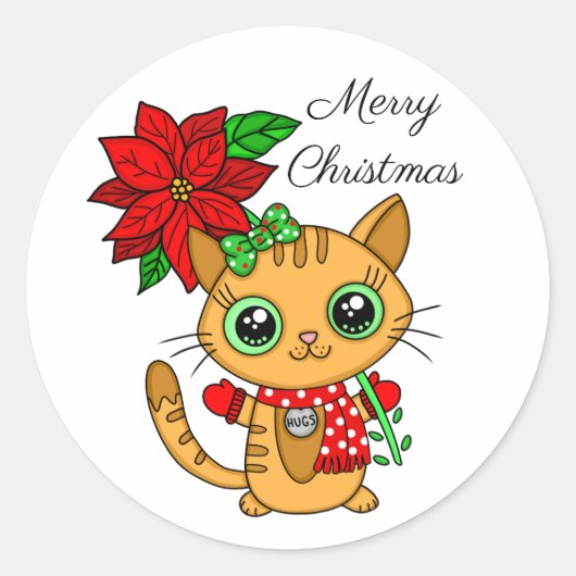 Prettig kerstfeest | Oranje kat met Poinsettia Ronde Sticker (Voorkant)