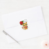 Prettig kerstfeest | Oranje kat met Poinsettia Ronde Sticker (Envelop)