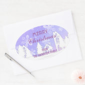 Prettig kerstfeest Paarse Witte Huis Sneeuwvlokken Ovale Sticker (Envelop)