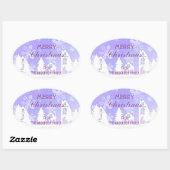 Prettig kerstfeest Paarse Witte Huis Sneeuwvlokken Ovale Sticker (Vel)