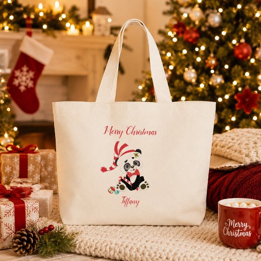 Prettig kerstfeest Panda Beer Grote Tote Bag