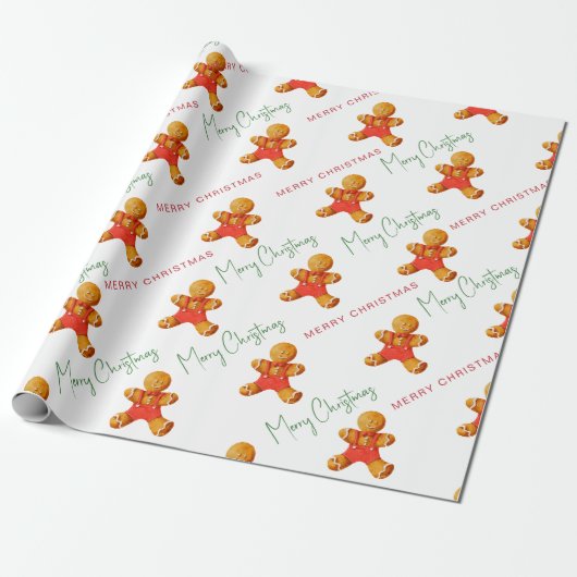 Prettig kerstfeest peperkoek man patroon script cadeaupapier (Uitgerold)