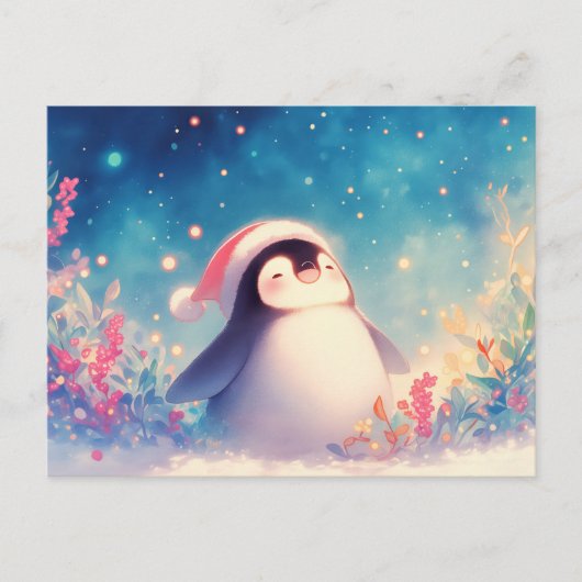 Prettig kerstfeest Pinguïn in winterbloementuin Briefkaart (Voorkant)