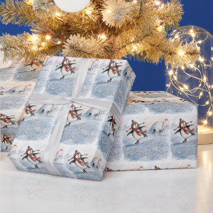 Prettig kerstfeest Pinguïn op schaatsen Cadeaupapier