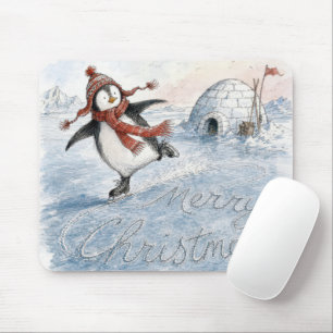 Prettig kerstfeest Pinguïn op schaatsen Muismat